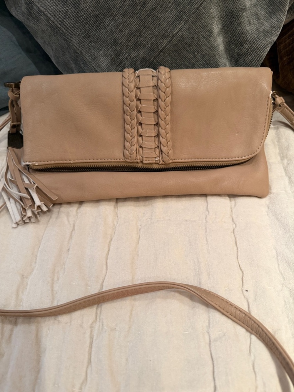 Charming Charlie Taupe Braided Flap Crossbody Bag